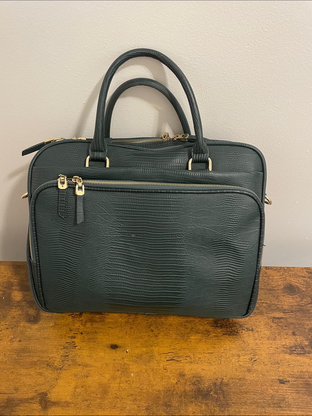 Dark Green Laptop Briefcase w Gold Hardware (Faux Alligator material) - 15x12x4